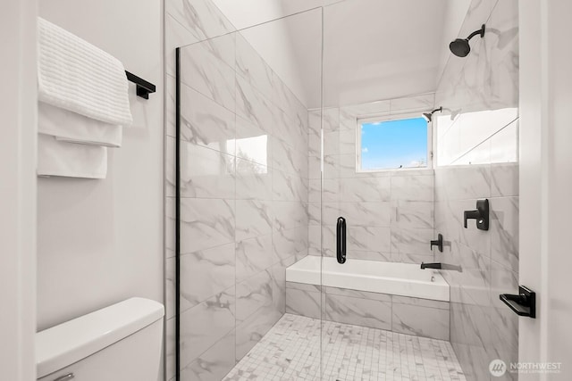 bathroom with toilet and a stall shower