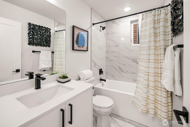 bathroom with toilet, vanity, marble finish floor, and shower / tub combo with curtain