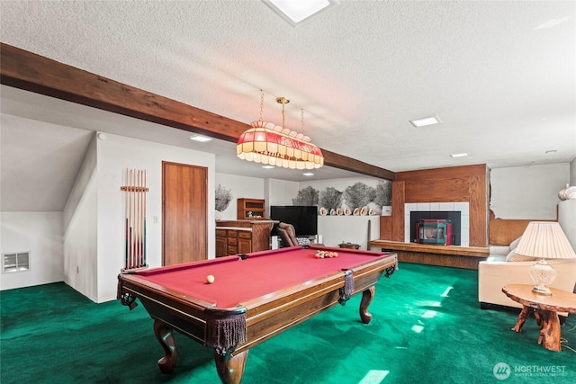 recreation room with visible vents, carpet flooring, a textured ceiling, and pool table