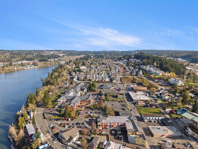 bird's eye view with a water view