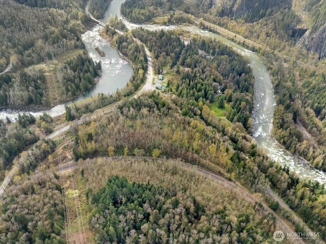 birds eye view of property featuring a forest view