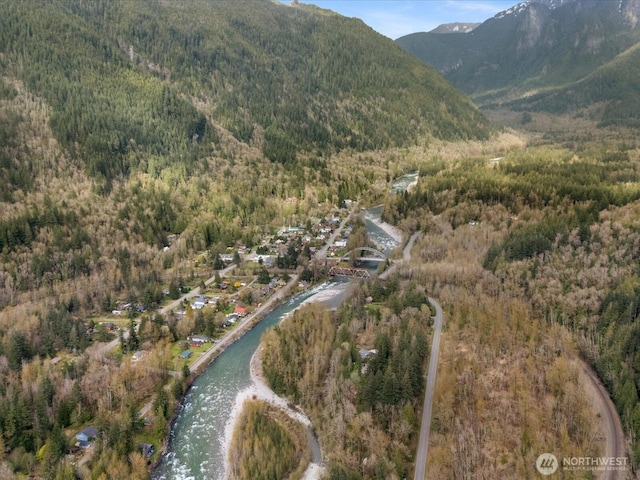 birds eye view of property featuring a mountain view and a forest view