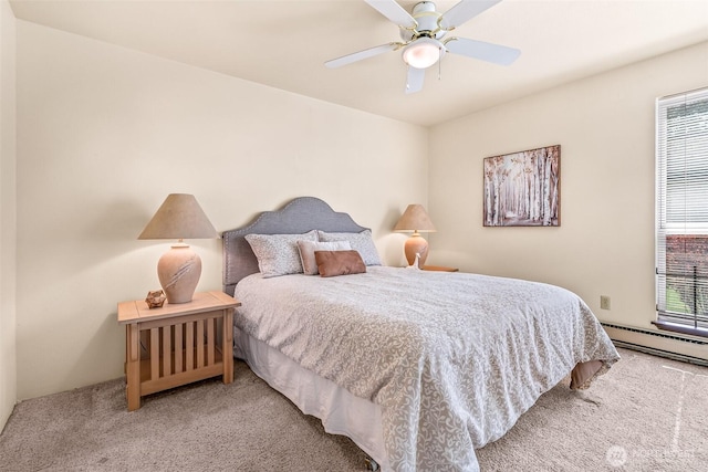 carpeted bedroom with a ceiling fan and a baseboard heating unit