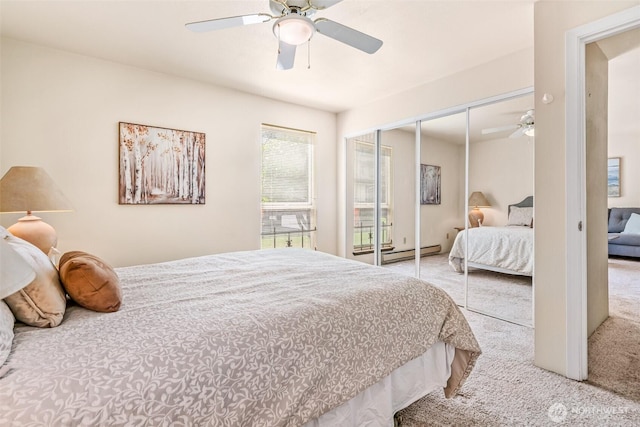 bedroom with carpet floors, a baseboard radiator, a ceiling fan, and a closet
