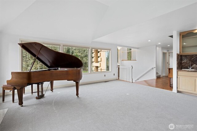 13923 SE 79th Dr, Newcastle, WA 98059 - living area featuring baseboards, vaulted ceiling, recessed lighting, an upstairs landing, and carpet floors