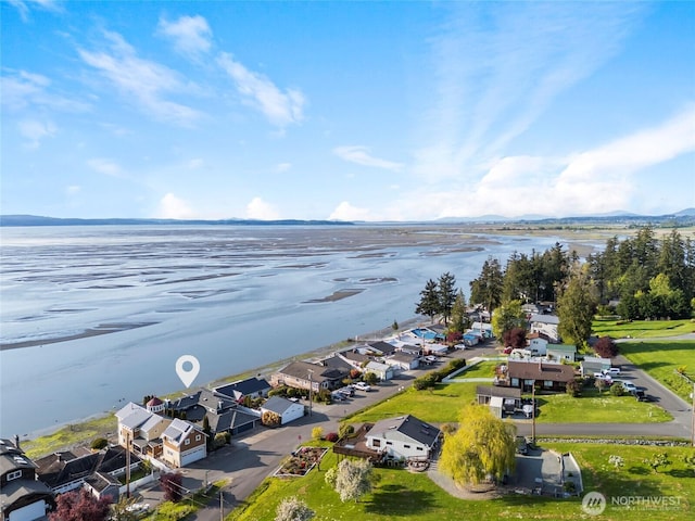 drone / aerial view with a residential view and a water and mountain view