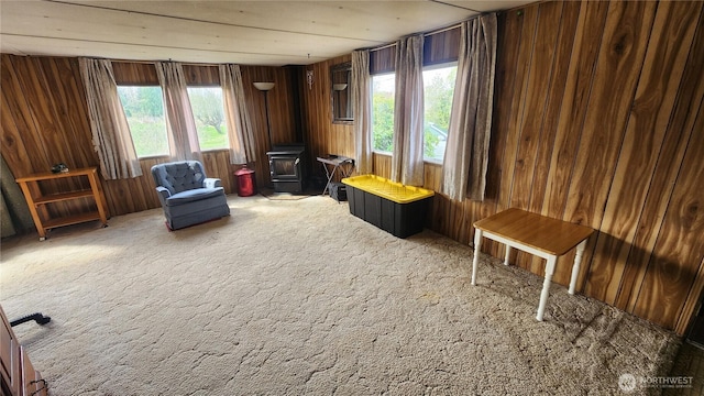 8458 Shintaffer Rd, Blaine, WA 98230 - living area with a wood stove, wooden walls, and carpet floors
