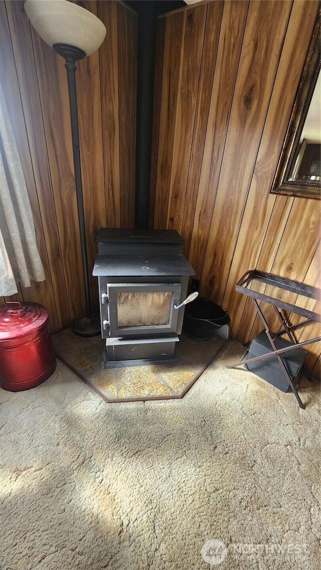 8458 Shintaffer Rd, Blaine, WA 98230 - details featuring wood walls and a wood stove