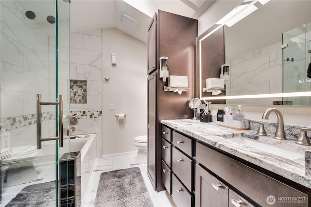 full bath featuring toilet, vanity, marble finish floor, a stall shower, and lofted ceiling