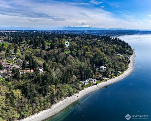 bird's eye view featuring a water and mountain view and a forest view