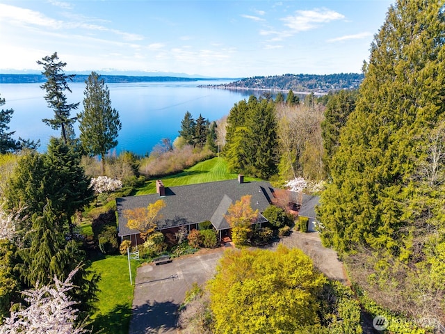 drone / aerial view featuring a water view