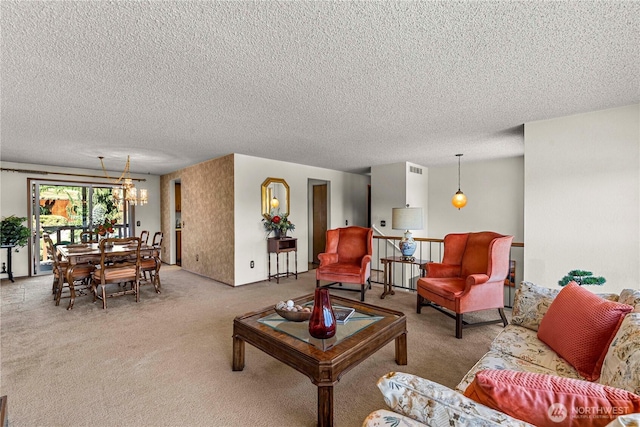 carpeted living room with a textured ceiling, a chandelier, and radiator heating unit