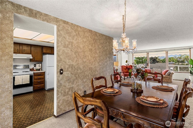 dining room featuring a textured ceiling, a chandelier, and baseboards