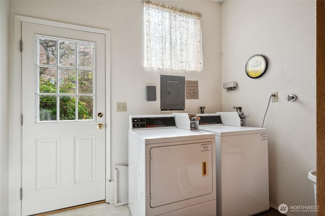 community laundry room featuring electric panel and washer and dryer
