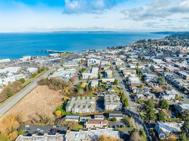 birds eye view of property featuring a water view