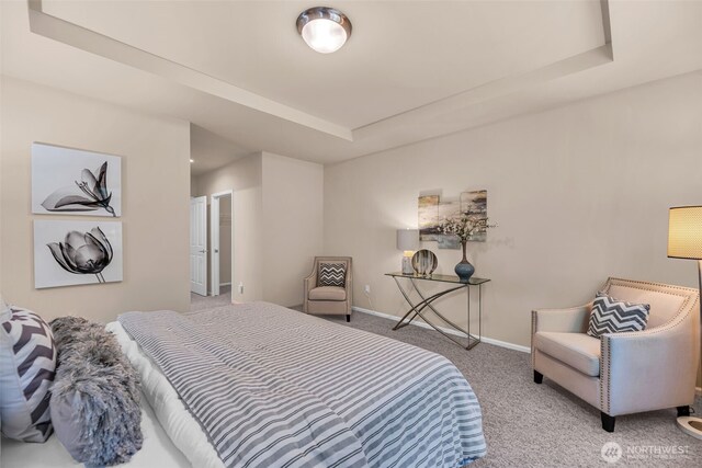 carpeted bedroom featuring baseboards and a tray ceiling
