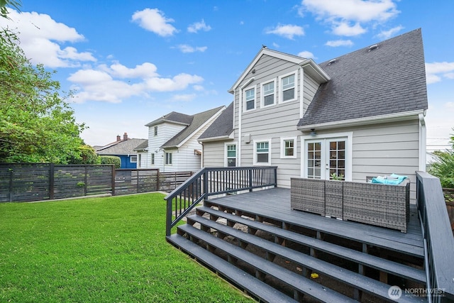 3236 15th Ave S, Seattle, WA 98144 - back of property with a deck, an outdoor hangout area, a shingled roof, and french doors