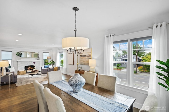 3236 15th Ave S, Seattle, WA 98144 - dining area featuring healthy amount of natural light, dark wood finished floors, a fireplace, baseboards, and recessed lighting