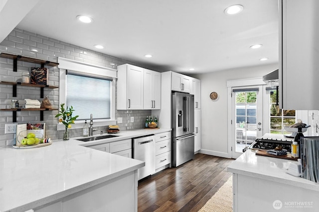 3236 15th Ave S, Seattle, WA 98144 - kitchen featuring stainless steel appliances, a sink, tasteful backsplash, recessed lighting, and dark wood-type flooring