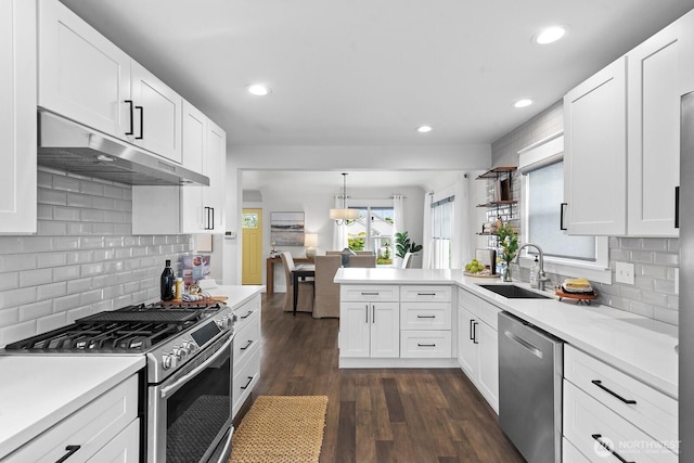 3236 15th Ave S, Seattle, WA 98144 - kitchen with stainless steel appliances, under cabinet range hood, a sink, a peninsula, and light countertops