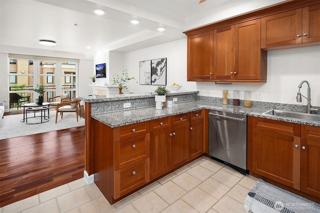 10047 Main St Unit 413, Bellevue, WA 98004 - kitchen featuring dishwasher, a sink, a peninsula, brown cabinetry, and recessed lighting