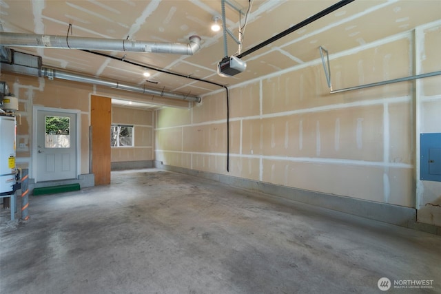 garage with water heater, a garage door opener, and electric panel