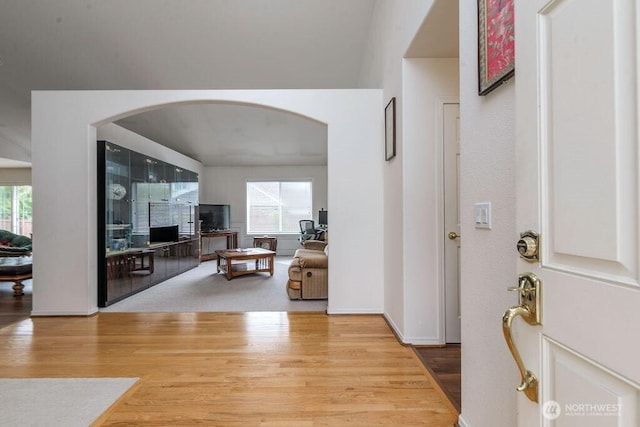 entryway featuring arched walkways, baseboards, wood finished floors, and a wealth of natural light
