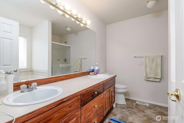 full bathroom featuring visible vents, a sink, a bath, and a stall shower