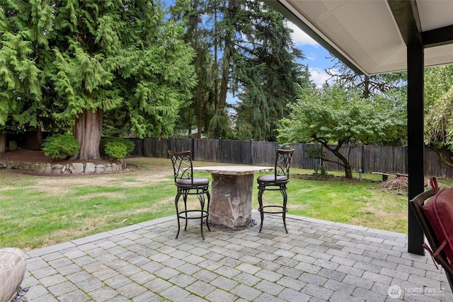 view of patio / terrace with a fenced backyard and outdoor dry bar