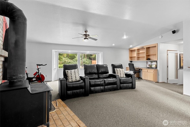 living room featuring recessed lighting, a ceiling fan, light colored carpet, and vaulted ceiling