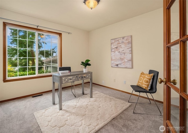 office area with carpet flooring, baseboards, and visible vents