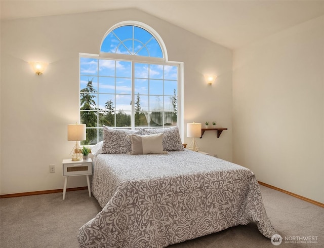 carpeted bedroom with multiple windows, baseboards, and lofted ceiling