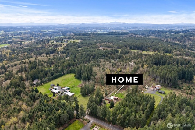 drone / aerial view with a mountain view and a view of trees