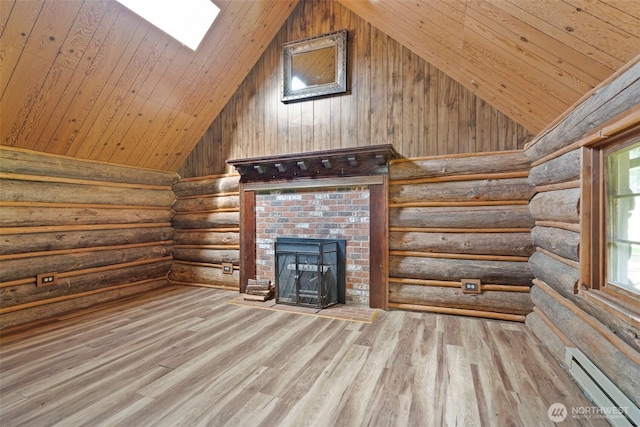 unfurnished living room featuring a fireplace, baseboard heating, wood finished floors, wooden ceiling, and lofted ceiling with skylight
