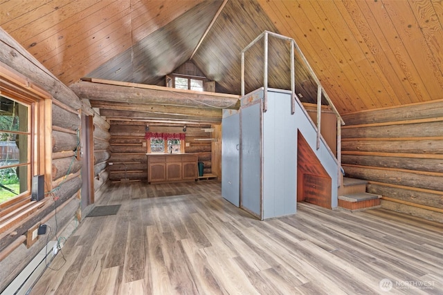 unfurnished living room featuring a wealth of natural light, high vaulted ceiling, wood finished floors, and wood ceiling
