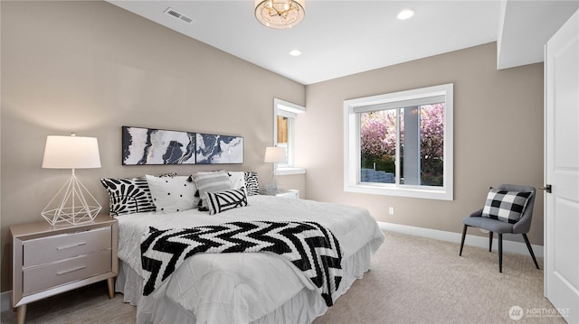 bedroom with visible vents, baseboards, carpet, and recessed lighting