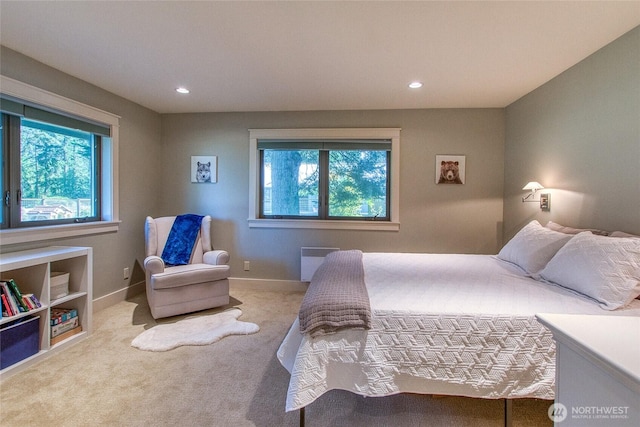carpeted bedroom with baseboards and recessed lighting