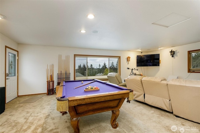 recreation room featuring billiards, recessed lighting, light carpet, and a healthy amount of sunlight