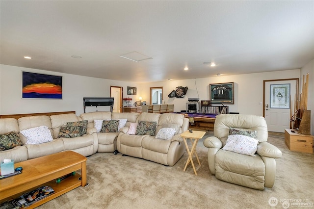 carpeted living area featuring attic access, pool table, and recessed lighting