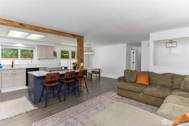 living area with dark wood-style floors