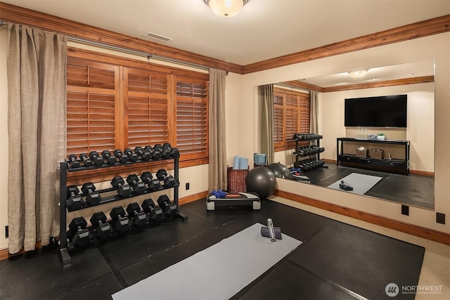 137 Lake Ave W, Kirkland, WA 98033 - exercise room featuring baseboards, ornamental molding, and visible vents