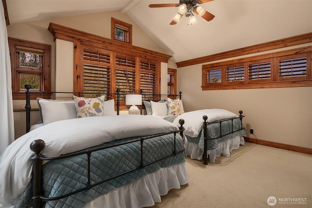137 Lake Ave W, Kirkland, WA 98033 - carpeted bedroom featuring beam ceiling, baseboards, high vaulted ceiling, and ceiling fan