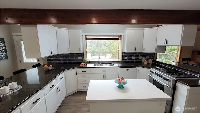 2205 135th Pl SE, Bellevue, WA 98005 - kitchen featuring high end stove, a sink, tasteful backsplash, white cabinetry, and beam ceiling