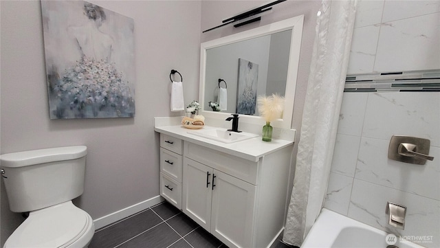 2205 135th Pl SE, Bellevue, WA 98005 - bathroom featuring toilet, vanity, tile patterned flooring, baseboards, and shower / bath combination with curtain