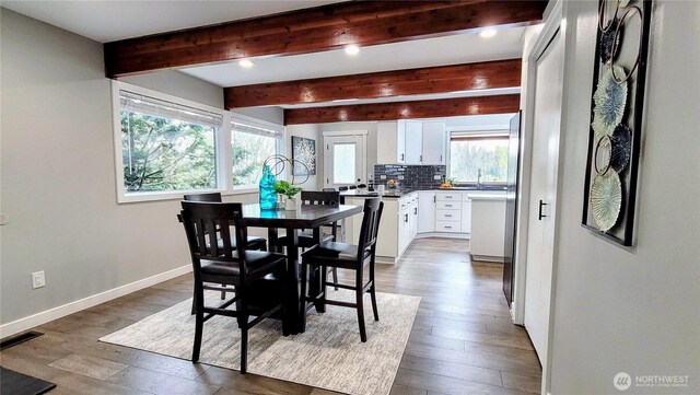 2205 135th Pl SE, Bellevue, WA 98005 - dining room featuring hardwood / wood-style floors, recessed lighting, beamed ceiling, and baseboards