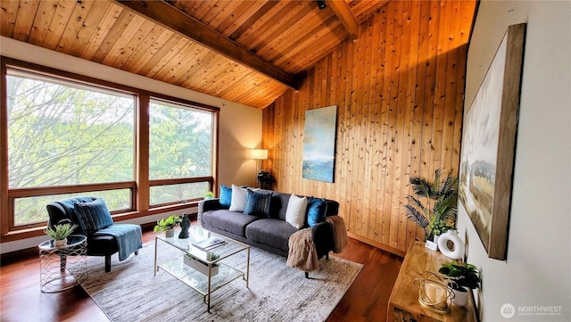 2205 135th Pl SE, Bellevue, WA 98005 - living area featuring wooden walls, wood ceiling, wood finished floors, and baseboards
