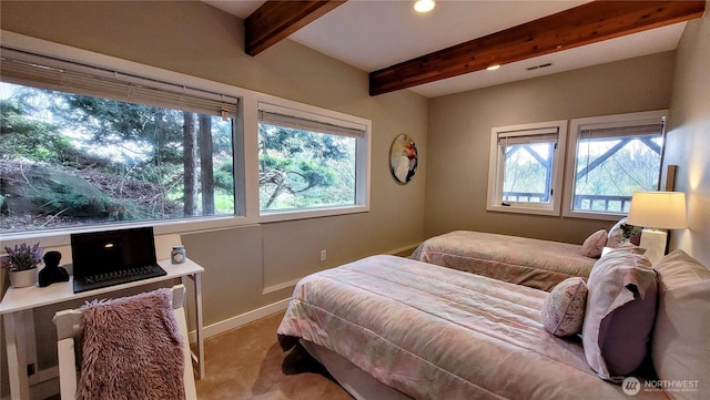 2205 135th Pl SE, Bellevue, WA 98005 - bedroom with carpet floors, beamed ceiling, multiple windows, recessed lighting, and baseboards