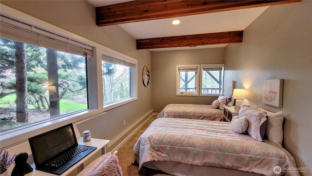 2205 135th Pl SE, Bellevue, WA 98005 - bedroom featuring baseboards, beam ceiling, and recessed lighting