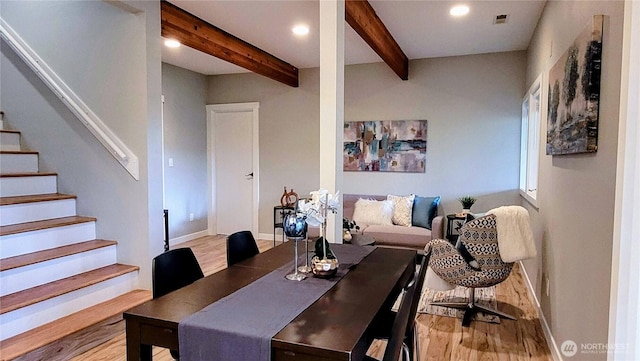 2205 135th Pl SE, Bellevue, WA 98005 - dining space featuring wood finished floors, beamed ceiling, stairway, recessed lighting, and baseboards