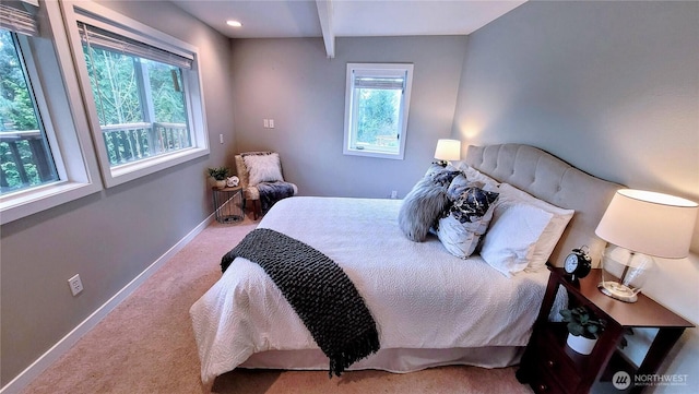 2205 135th Pl SE, Bellevue, WA 98005 - carpeted bedroom featuring multiple windows, baseboards, beamed ceiling, and recessed lighting